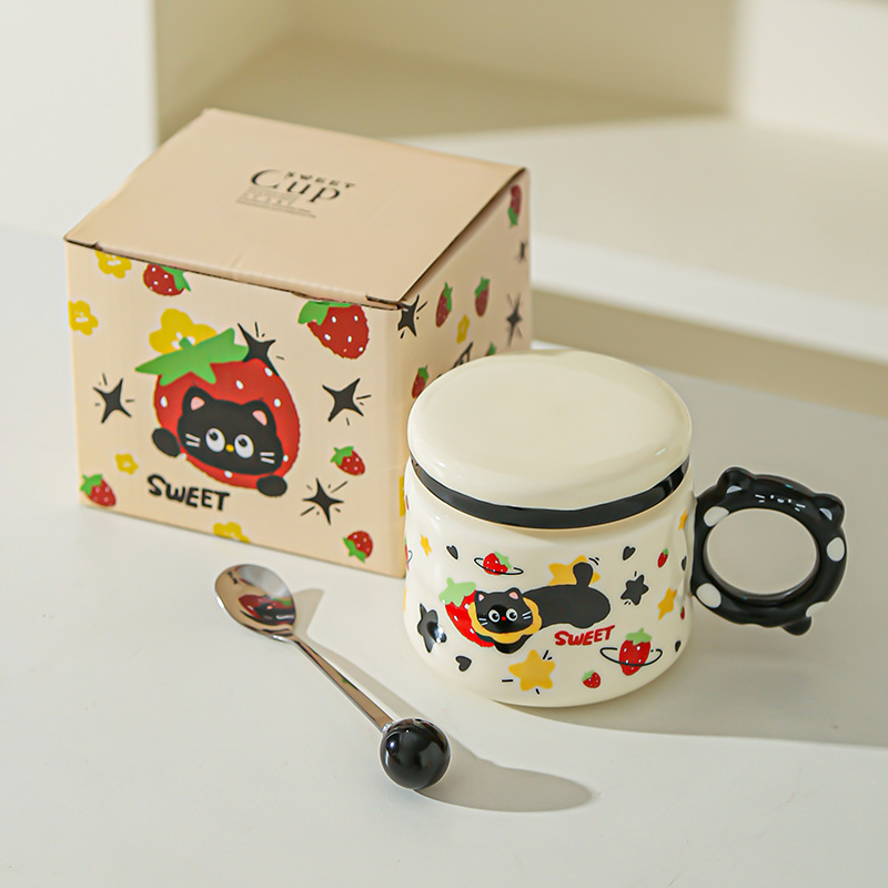 Regalo de cumpleaños Taza de dibujos animados para novias Taza de cerámica con tapa Regalo de mano Taza de agua para gatos lindos