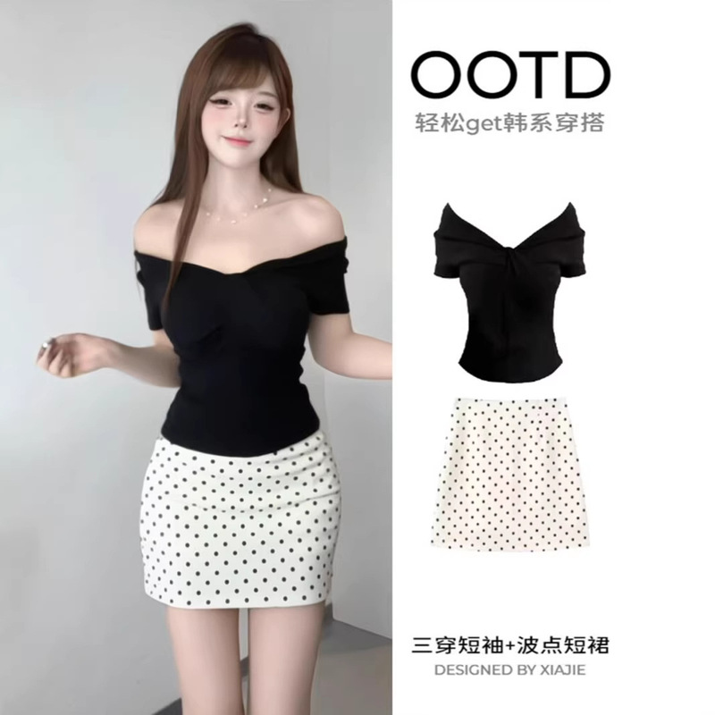 (Cotton Ribbed Top) Polka Dot Skirt Set for Women, One-Shoulder Top and Short Skirt Two-Piece Set