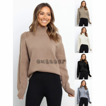 跨境秋冬新款纯色毛衣高领套头宽松跨境欧美女装纯色外贸高领毛衣