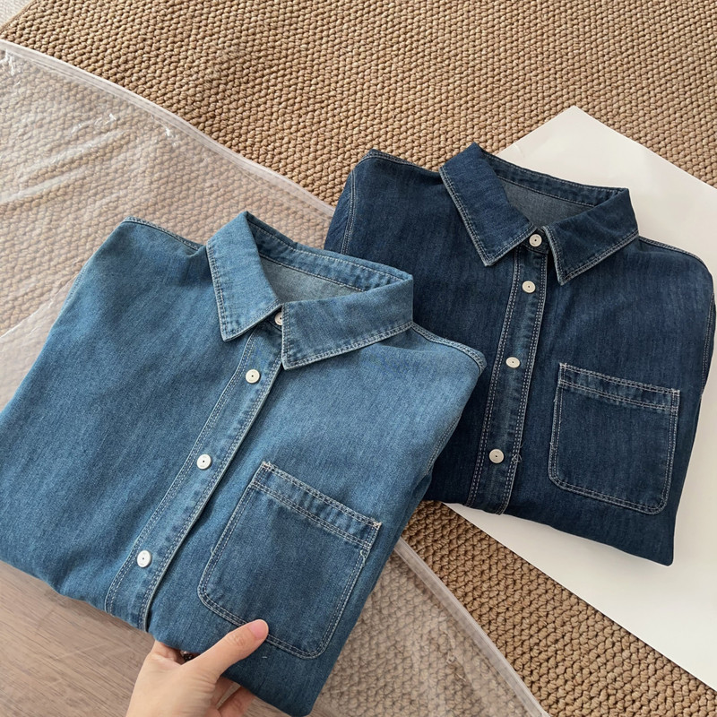 2026 Early Spring Korean Style Basic Turn-Down Collar Denim Shirt, Simple and Versatile Washed Blue Casual Shirt Jacket Top
