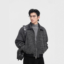 高级感拼接撞色翻领2025冬季新款毛呢料羽绒服夹克保暖短款外套男