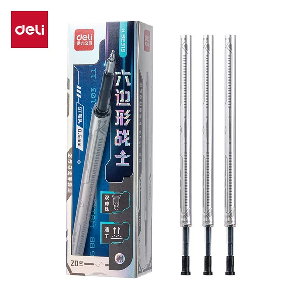 Deli Hexagonal Warrior Retractable Gel Pen Refill Quick-Dry 0.5mm Dual Ball St Tip Black Ink Pen Refill Bullet Tip