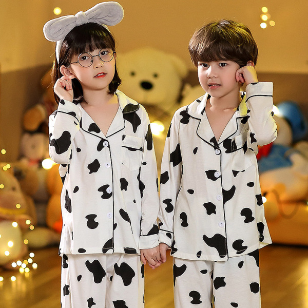New Spring/Autumn Boys' and Girls' Pajamas Set - Long-sleeved Cotton Collared Casual Cardigan Homewear Set