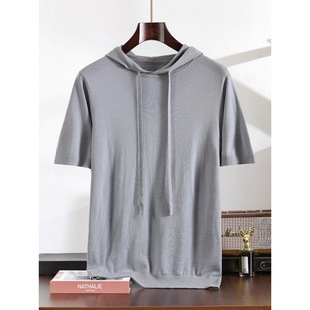 Youthful and Energetic Cross-Border Summer New Men's 100% Worsted Wool Hoodie Short-Sleeved Pure Color Casual Top T-Shirt