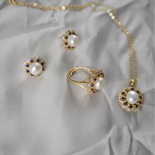 E-commerce explosions natural freshwater pearl blue diamond earring ring pendant three-piece set