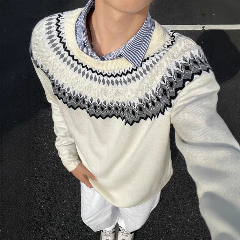 American Retro Fair Isle Boxy Sweater Men's Autumn High-End Cable Knit Long-Sleeve T-Shirt Heavy Regular Shoulder Base Shirt