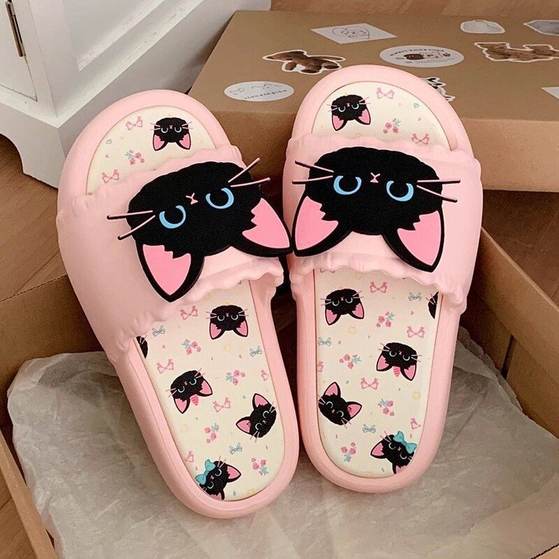 甜酷小黑猫新款女士休闲一字拖鞋个性凉拖鞋网红夏季舒适软底拖鞋|undefined
