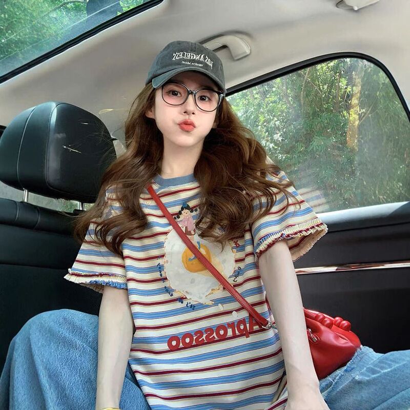 American Lace Stripesd Cotton Short-Sleeved T-Shirt for Women 2025 New Summer Small Age-Reducing Design Loose Top