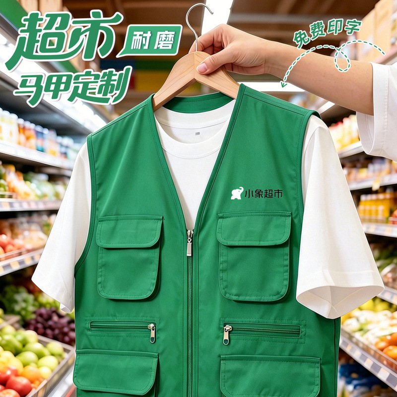 Multi-Pocket Vest Workwear Custom Logo Printing for Fresh Food Supermarket and Mall Sales Staff Group Uniform Vest