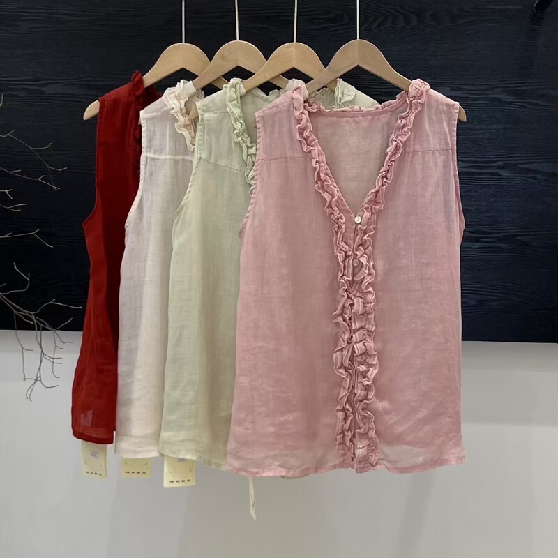 2025 Summer New Solid Color Linen V-Neck Sleeveless Vest Youthful Style Age-Reducing Vest 2025 Summer New Solid Color Linen V-Neck Sleeveless Vest Youthful Style Age-Reducing Vest