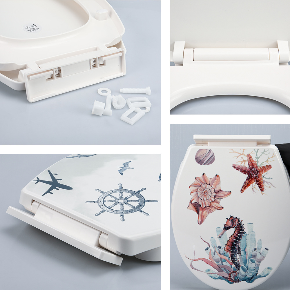 Cubierta de inodoro de estilo europeo de 18 pulgadas lenta caída hogar cuclillas cubierta de plástico Hotel fábrica impresión lenta caída cubierta de inodoro