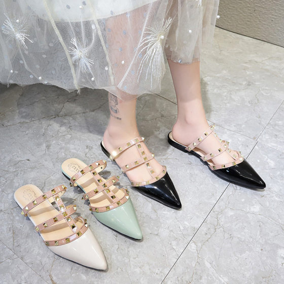 Studded Low Heel All-match Sandals 2022 New Summer Pointed Rivet Flat Outer Wear Stud Head Half Slippers for Women