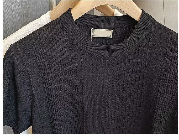 Men's Slim Fit Ice Silk Knit T-Shirt Short Sleeves Round Neck Summer Style Vertical Stripes Mature Simple Design_viptrois.com
