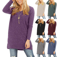欧美跨境女装2021亚马逊秋冬新款V领口袋宽松套头长袖T恤裙打底衫