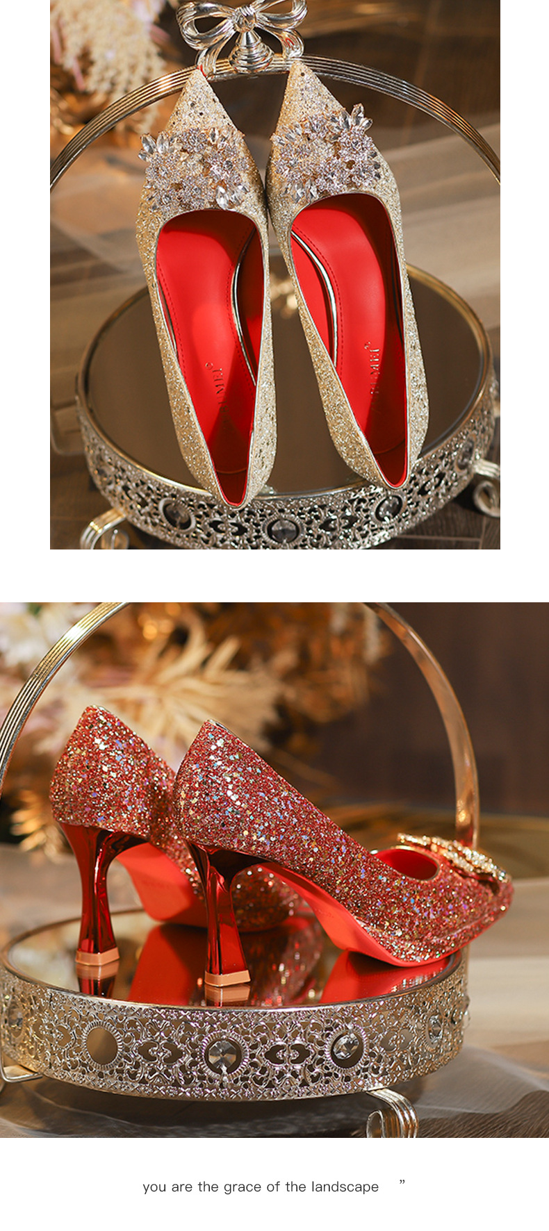 Giày cao gót nữ mũi nhọn đính sequin gót vuông quai ngang — sâm panh chi tiết 9