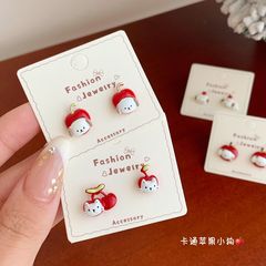 卡通滴油红苹果小狗猫咪耳钉女银针精致甜美趣味可爱百搭学生耳饰