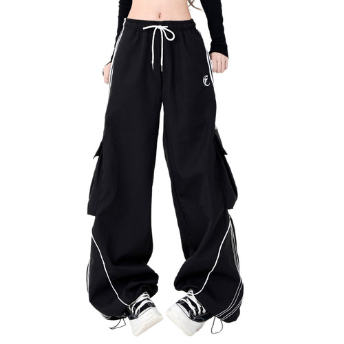 Streetwear Black Rope Drawstring Wide Leg Loose Casual Work Pants with Pockets for Women Spring Trend Brand Hip-Hop Floor-Length Pants