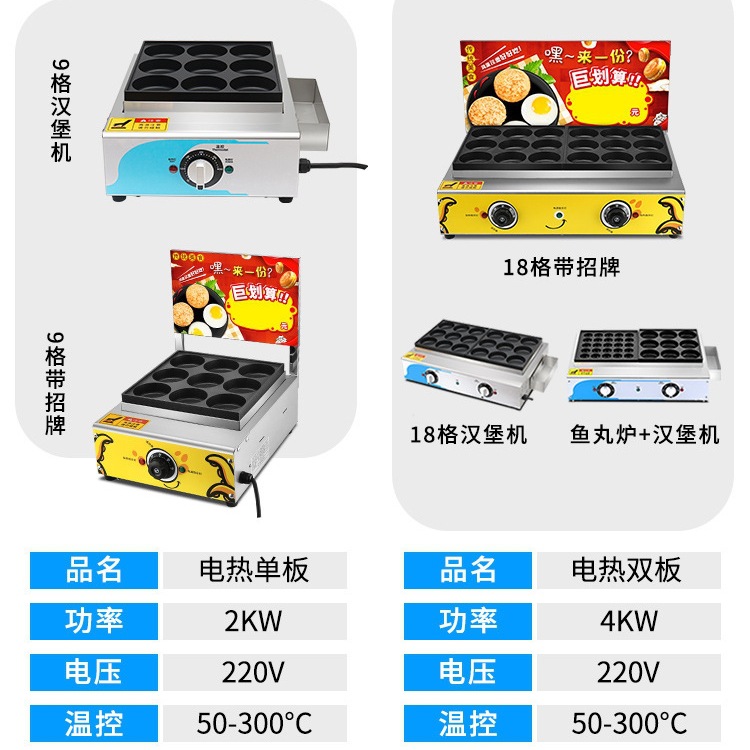 Máquina de hamburguesas de huevos de cocina encantadora de gas comercial, máquina de hamburguesas de carne y huevos de 18 agujeros, horno de ruedas, máquina de pasteles de frijoles rojos
