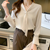 Autumn elegant colored shirt, sleeves, scarf, top, Korean style, V-neckline, long sleeve, oversize