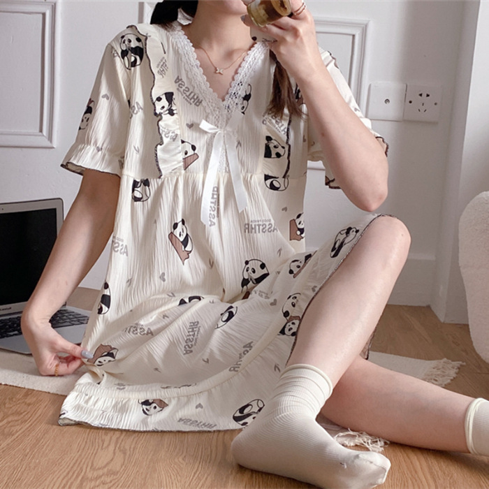 Pijamas de verano de mangas cortas de algodón tejido arrugado lindo dulce vestido de princesa nuevo vestido de ropa de hogar suelto