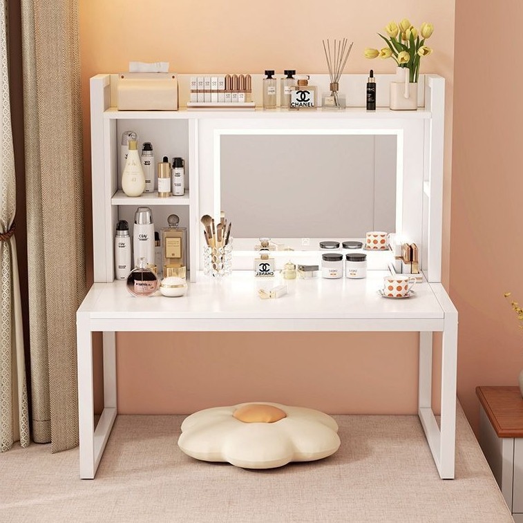 Bay Window Vanity Table with Integrated Storage Cabinet, Simple Bedroom Bedside Makeup Table, Girls' Dormitory Bed Table with Makeup Removal Mirror