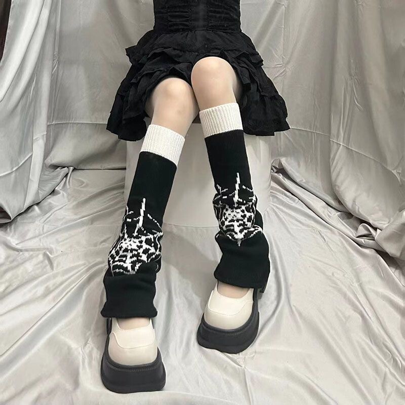 Spider web wide leg socks pile socks female y2g Asian culture leg cover autumn and winter jk calf socks sweet cool hot girl two wear