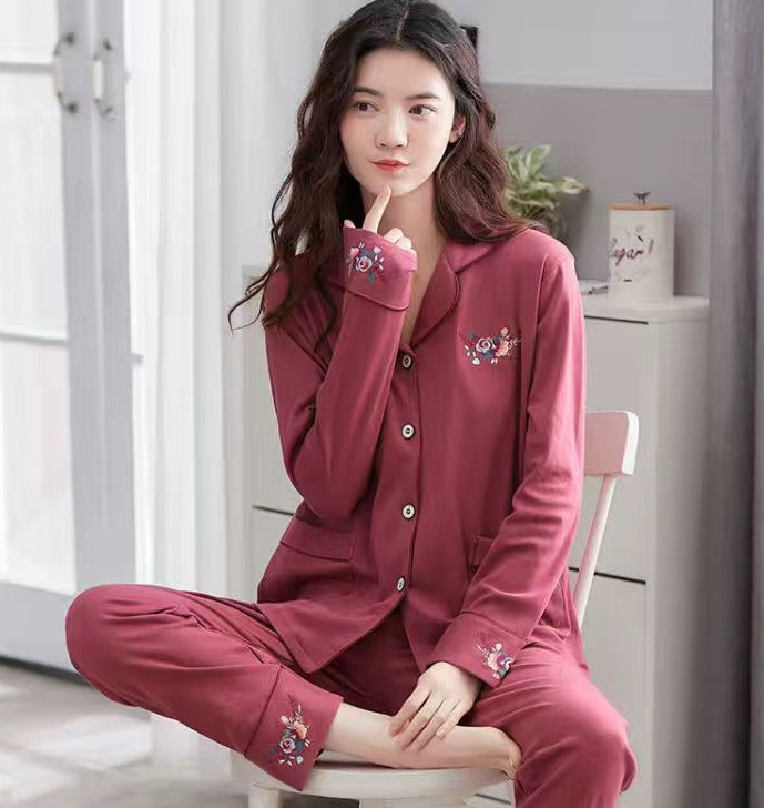 Pareja pijamas hombres y mujeres Primavera y otoño 100% algodón de manga larga Chaqueta de punto simple para mujer