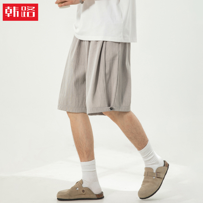 Slightly Wrinkled Texture Casual Shorts for Men, Summer Relaxed Style, Buttoned Hem, Cleanfit Straight-Leg Five-Point Dress Pants Slightly Wrinkled Texture Casual Shorts for Men, Summer Relaxed Style, Buttoned Hem, Cleanfit Straight-Leg Five-Point Dress Pants