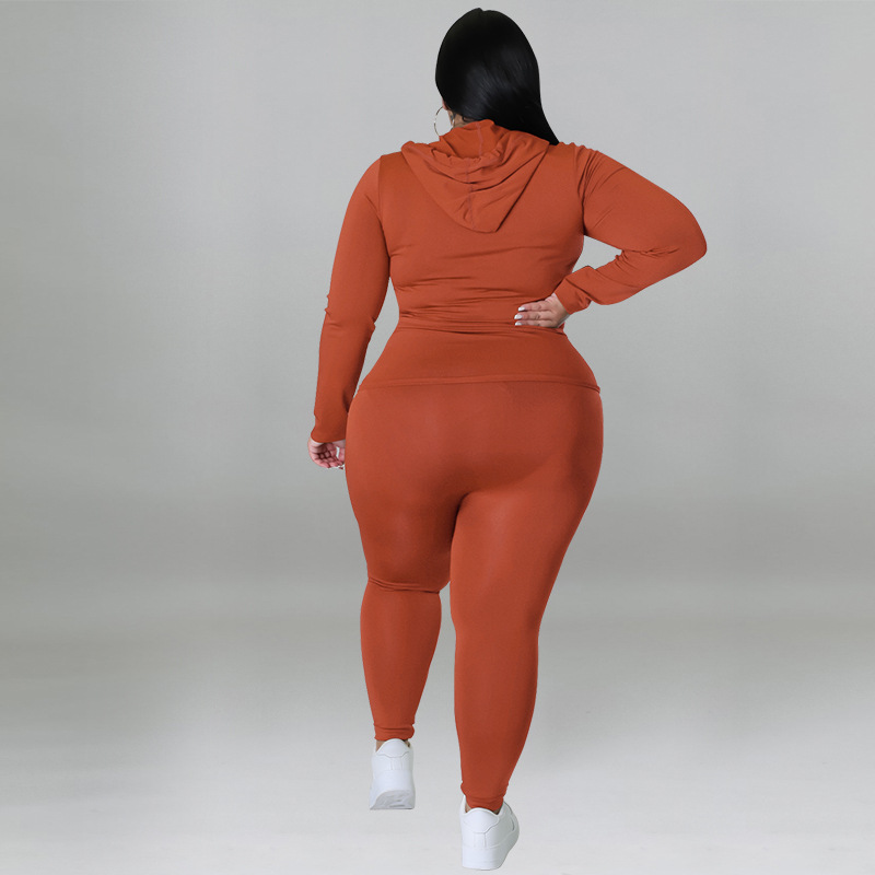 Plus Size Women's Clothing Solid Color Hooded Long Sleeve Fashion Casual Set Autumn Wear_ecoleips.com
