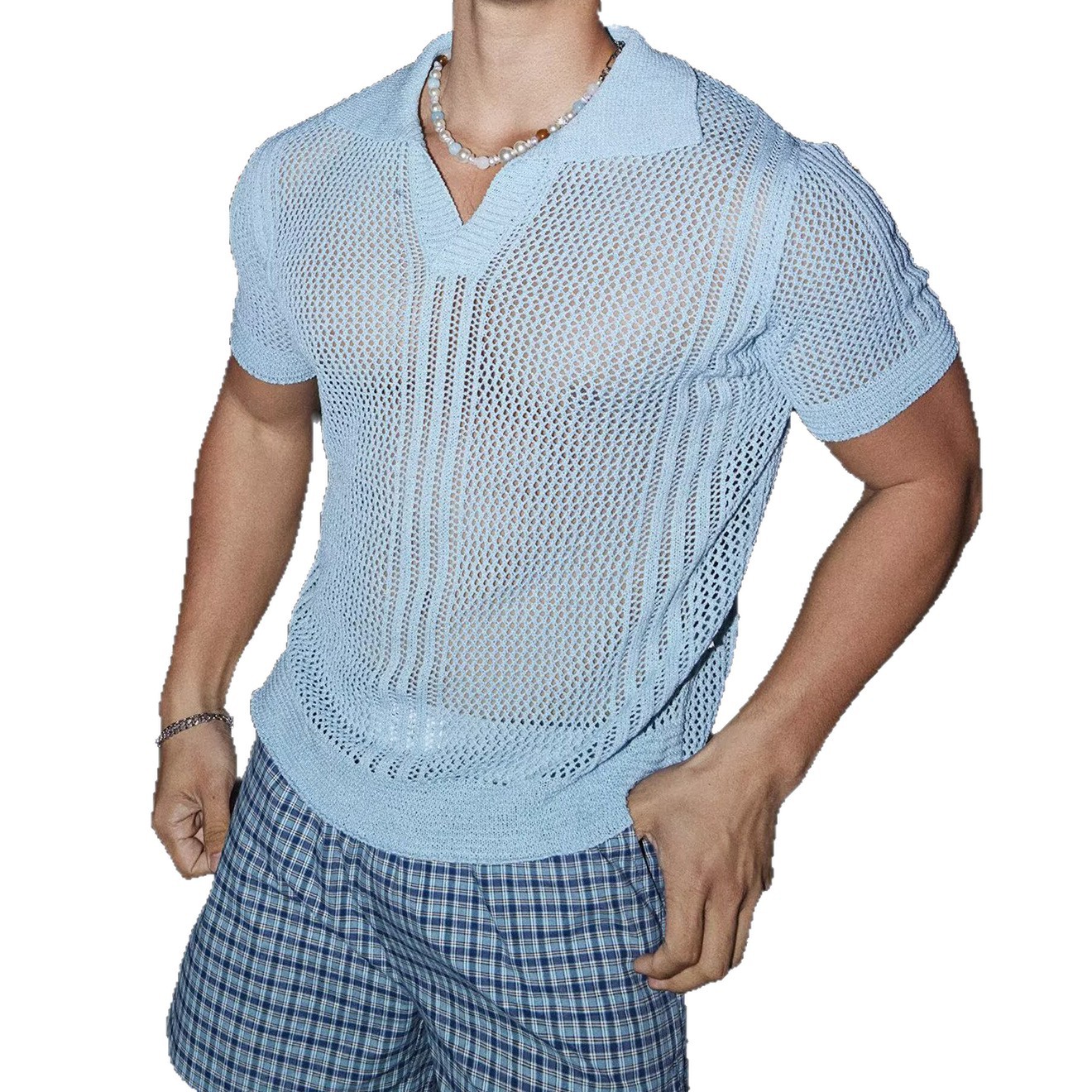 Polo camiseta de punto camiseta de manga corta hombre hueco gaviota cuello V cuello de malla perspectiva vieja camiseta de viento de dinero fábrica transfronteriza al por mayor