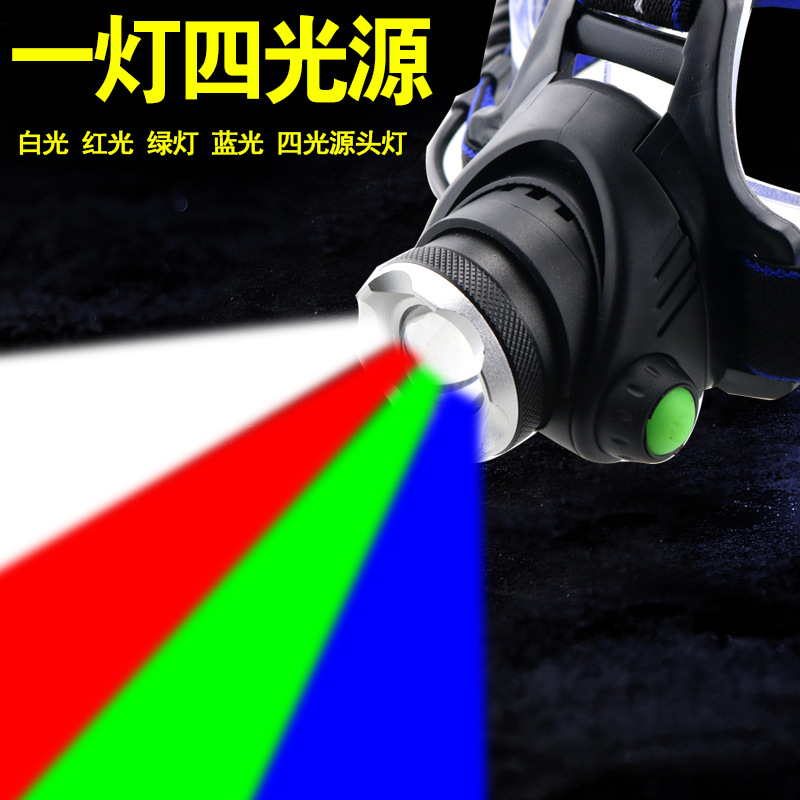 跨境绿光4光V9白红绿蓝四光源头灯 LED强光USB充电户外养蜂夜钓灯