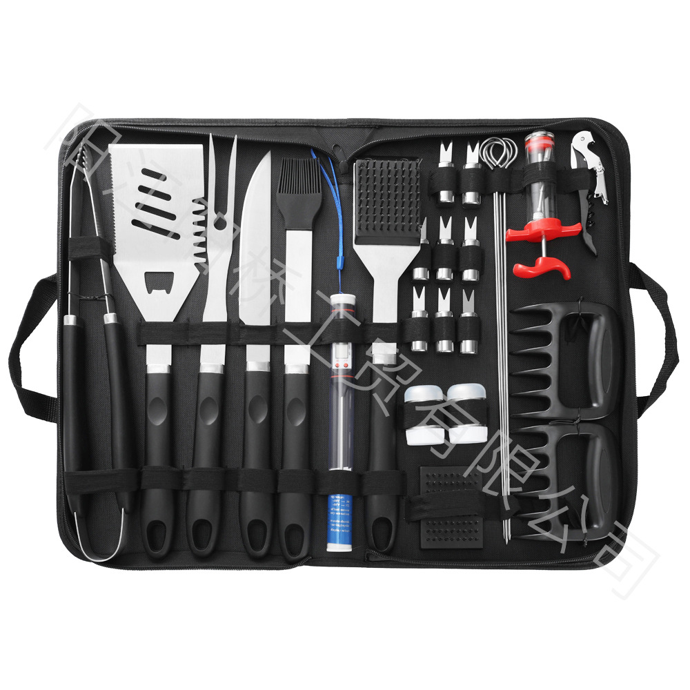 Fabricante Spot Herramientas para barbacoa Utensilios para hornear de acero inoxidable Bolsa de tela Juego de 26 piezas Combinación BBQ Camping Aparato para barbacoa al aire libre
