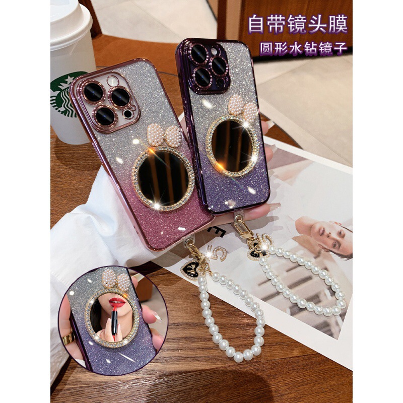 For Apple 16promax mobile phone case new lens film iPhone15 rabbit ear mirror 11 glitter plating