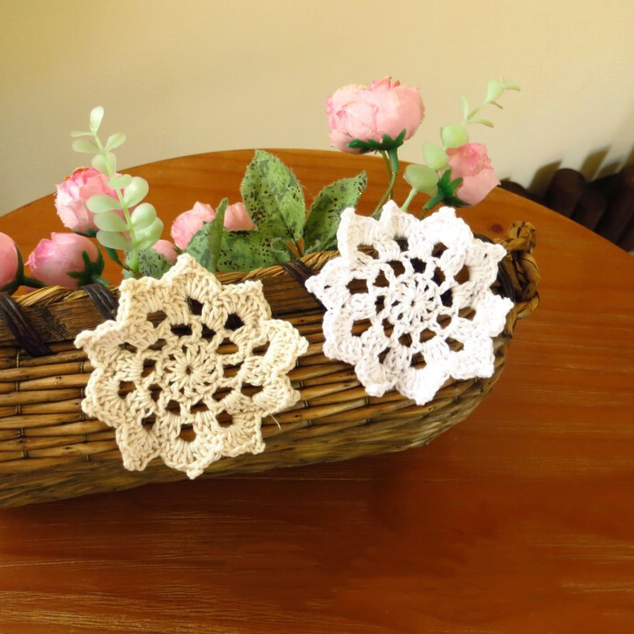 纯手工钩针勾花辅料草编筐篮子装饰DIY纯棉蕾丝编织小花朵片 米白