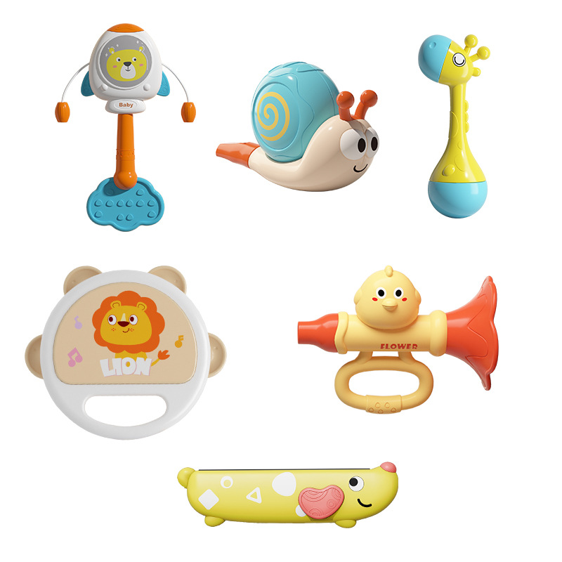 Juego de sonajero para niños transfronterizos, pandereta, sonajero, silbato, martillo de arena, entrenamiento de agarre de mordedor, juguete calmante para bebés