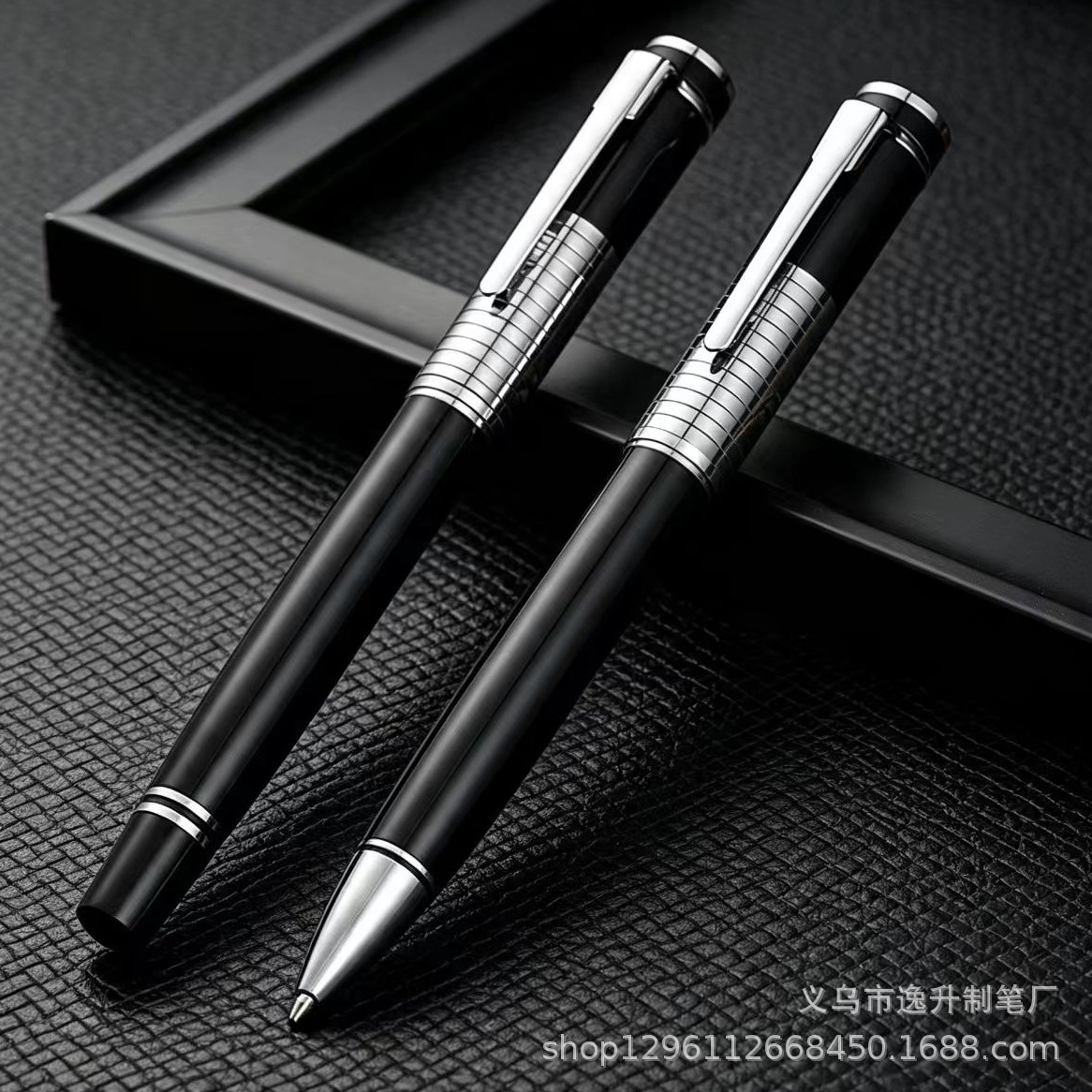 Heavy-weight gift advertising pen in black and silver color scheme, grid design, business metal ballpoint pen with laser logo and rotating mechanism