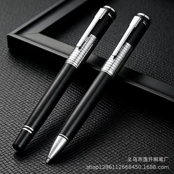 Heavy-weight gift advertising pen in black and silver color scheme, grid design, business metal ballpoint pen with laser logo and rotating mechanism