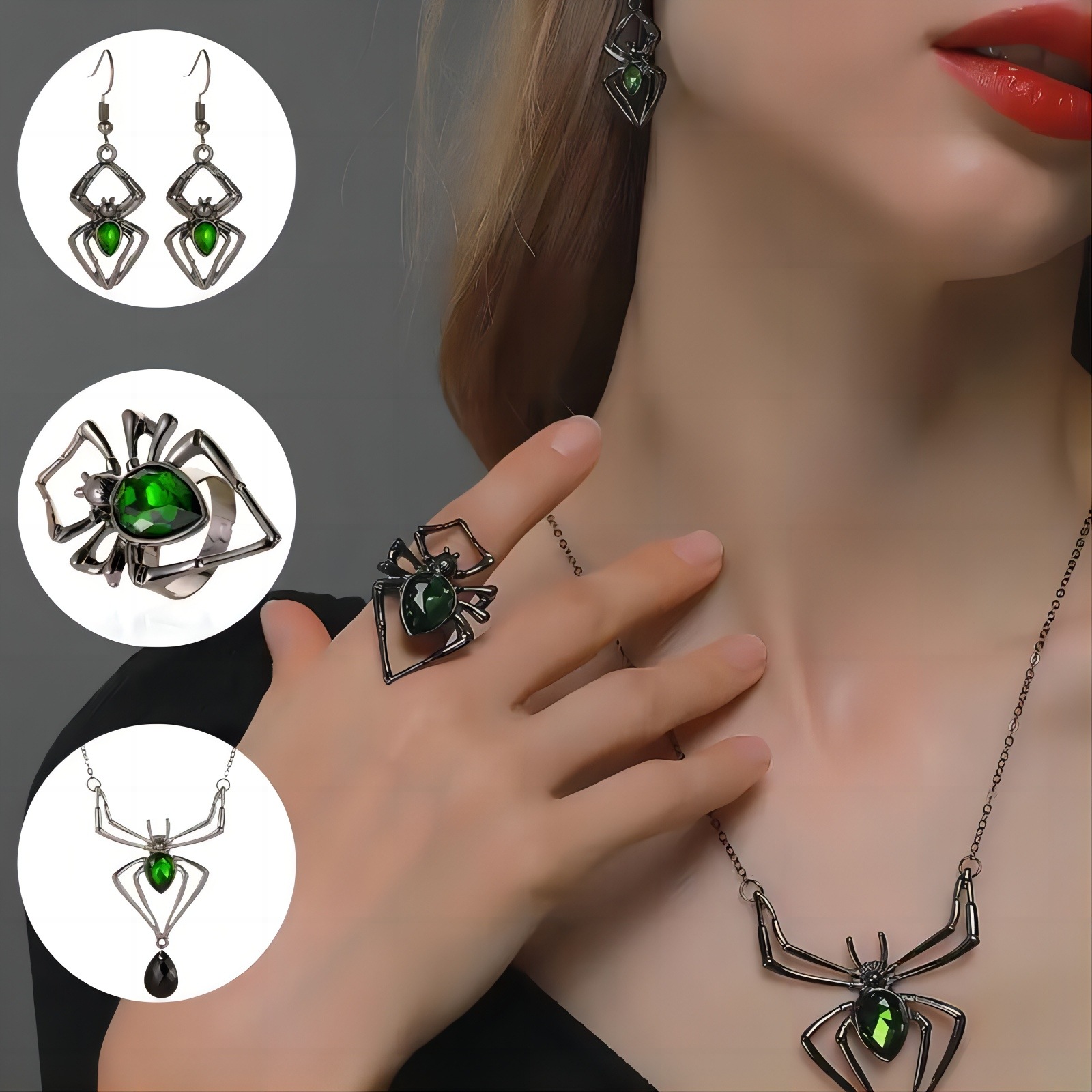 Set di tre pezzi di collana, orecchini, anello e accessori verdi a forma di ragno per Halloween_voghion.com