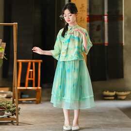 女童汉服夏装2025新款大童六一儿童节表演服山水画古风套裙两件套