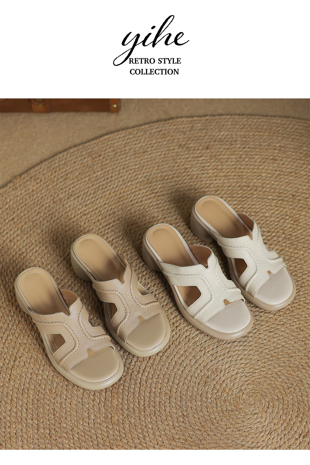 Dép sandal nữ da cừu hở ngón quai ngang gót 4,5 cm — Màu trắng be chi tiết 13