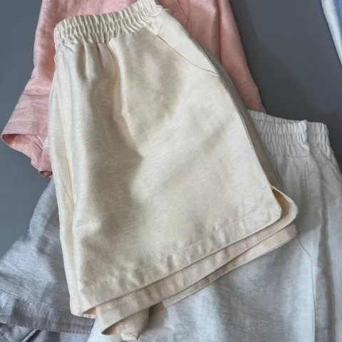夏短裤女棉麻质感百搭松紧腰开叉薄款大码阔腿热裤|undefined