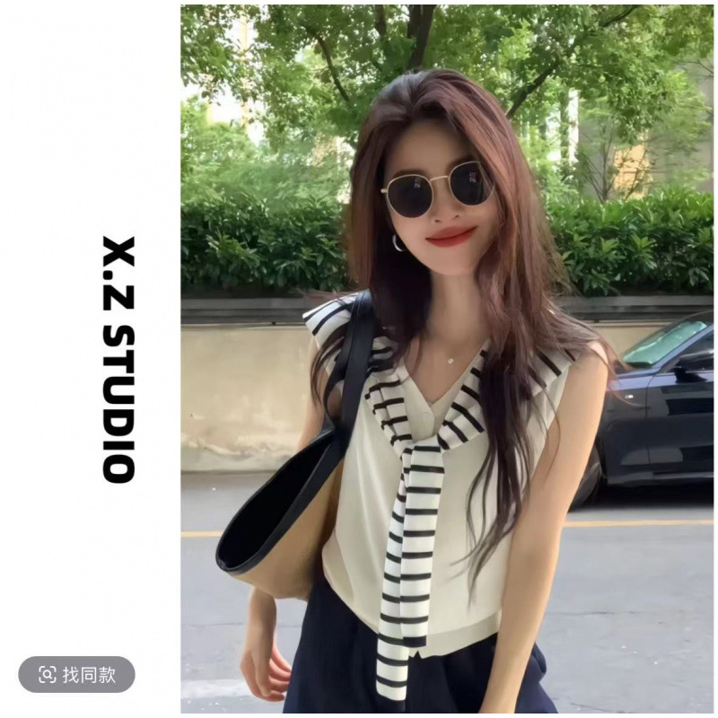 Small Embroidered Striped Navy Collar Shawl Two-Piece Set, Summer Design Top, Age-Reducing Versatile Thin Knit Cardigan