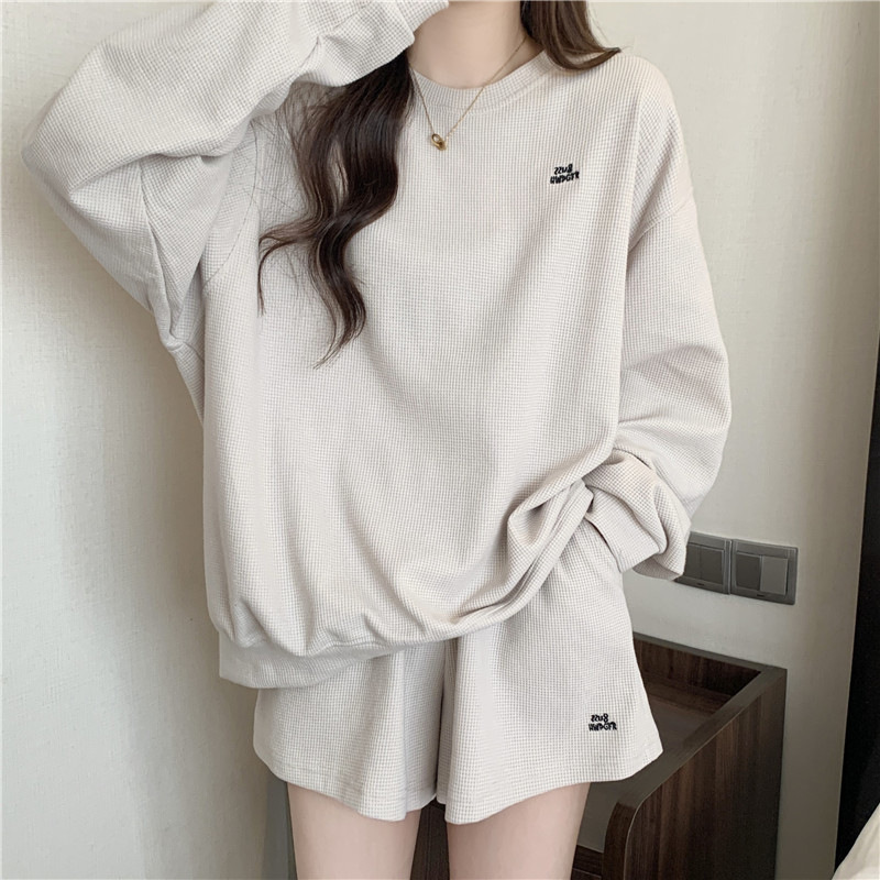 Ready Stock Waffle Suit Women's Letter Loose Sweatshirt Casual Sports Style Two-Piece Set New Fashion Style