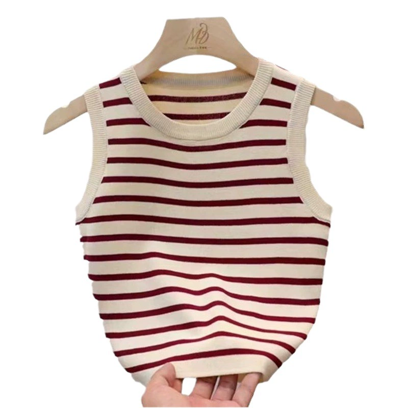 Женская летняя верхняя одежда в полоску, майка без рукавов, топ из ледяного шелка, Весенняя короткая вязаная нижняя рубашка