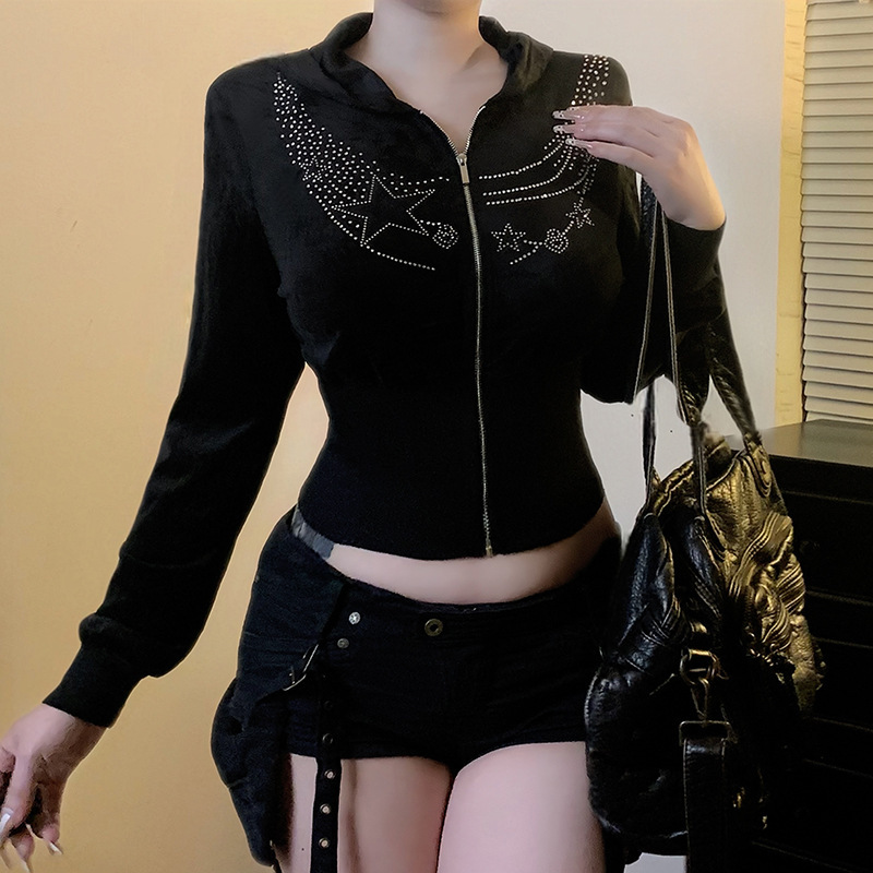 跨境Y2K暗黑少女烫钻印花基础卫衣口袋连帽开衫秋冬新款休闲外套|undefined