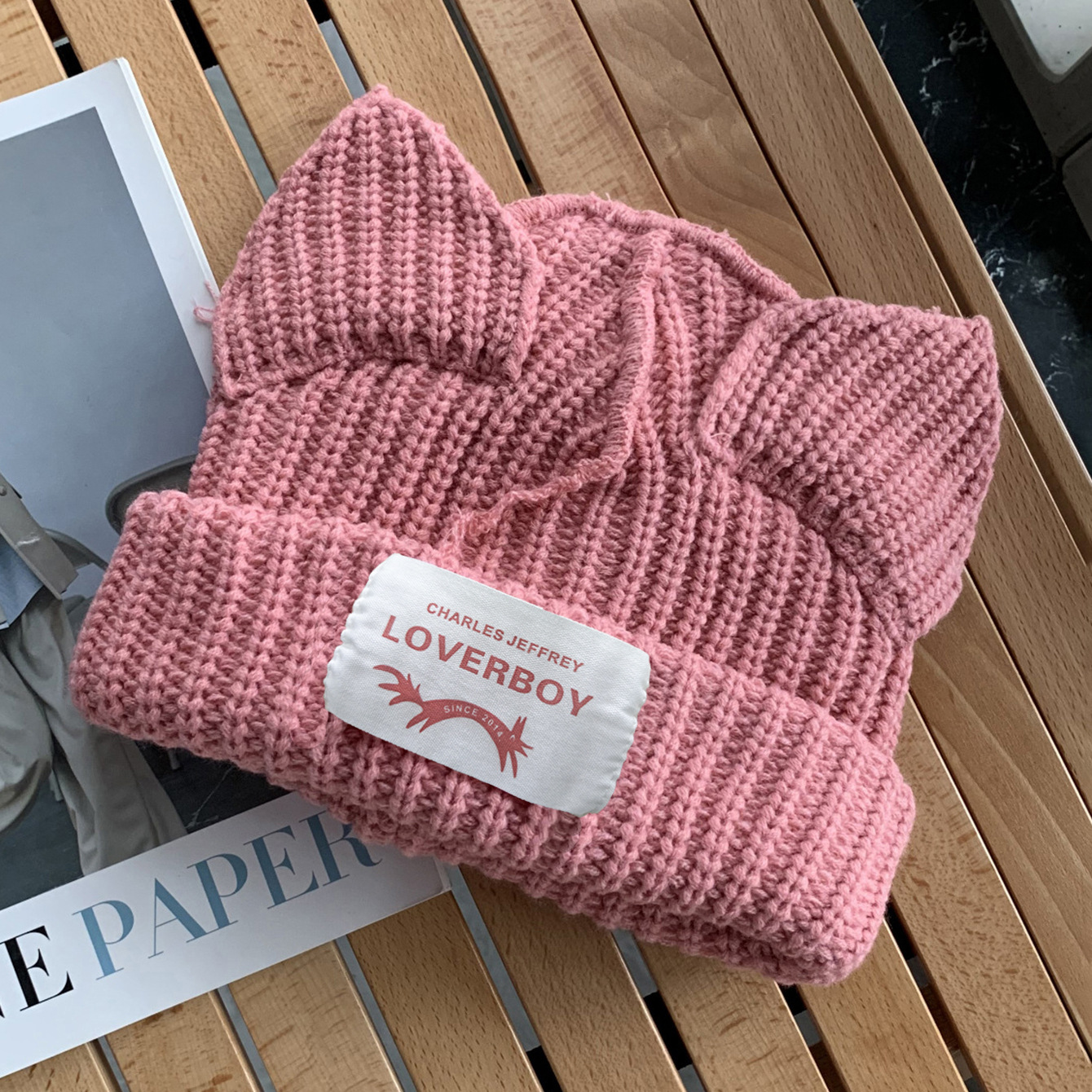 Gross LOVEBOY etiqueta gorra de tejido orejas de gato gorra de tejido mujer gorra de tejido estilo coreano amplio bordado gorra de lana caliente