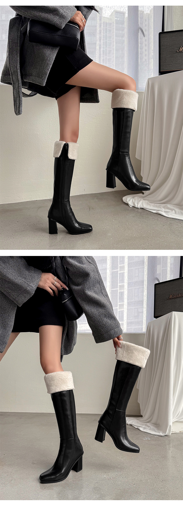 Boot nữ cổ cao mũi vuông gót dày da thật, phong cách hiệp sĩ, có thể gập ống — Lớp lót nhung đen chi tiết 8