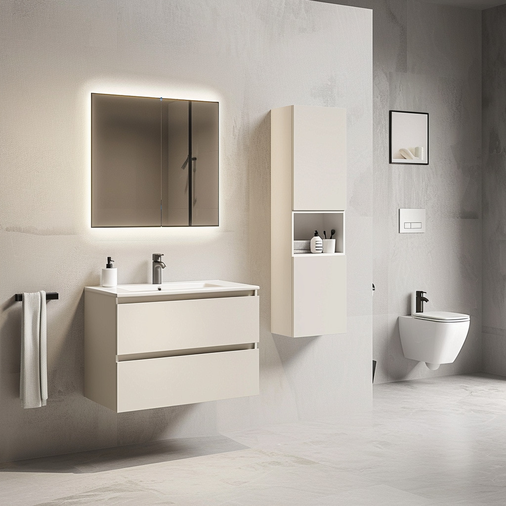 佛山热销意大利奶油风浴室柜一体盆组合UV 吸塑浴室柜生产厂家