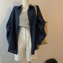 法式藏藍色天絲上衣女春秋新款別致設計感小眾小個子長袖襯衫外套