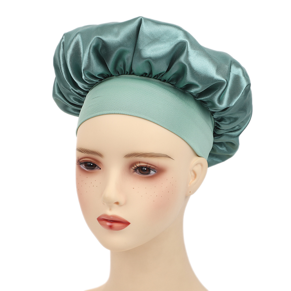 Amazon damas de borde ancho de alto elástico sombrero, sombrero de dormir, sombrero de baño, sombrero de quimioterapia, sombrero de seda, sombrero de cuidado del cabello transfronterizo